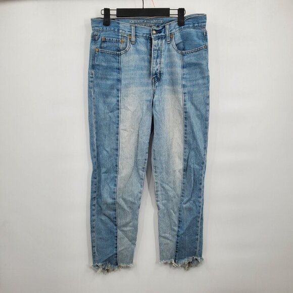 American Eagle Vintage Hi Rise Two Tone Frayed Hem Button Fly Jeans Women Size 8 - Picture 2 of 16